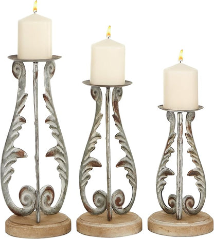 Deco 79 Metal Solid Candle Holder, Set of 3 14", 12", 10"H, Silver
