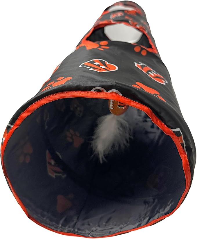 NFL Cincinnati Bengals Cat Tunnel Tube Toy with Plush Football Catnip and Feathers Collapsible Tunnel for Cats to Play, Peek and Hide, Sporty & Fun Cat Tunnel Toy with Team Logo All-Over Design!-Mewly Pet