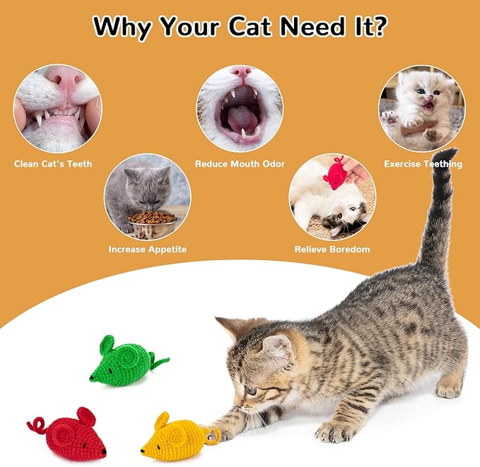 Retro Shaw Catnip Toys Crochet Mice Cat Toys,3 Pcs Yarn Cat Nip Mouse Animals Toy,Safe Teeth Cleaning Toy for Indoor Kittens-Mewly Pet