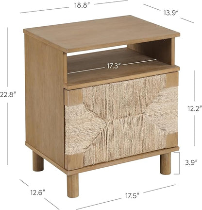 Nathan James Beacon Wood Nightstand, Bohemian Accent Table or Sofa Side Table with Seagrass Door for Bedroom or Living Room, Light Brown