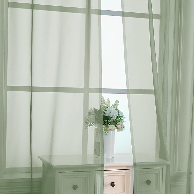 OVZME 2 Pieces Bedroom Curtains 96" Length for Farmhouse, Voile Drapes Light Airy Window Decor for Patio Door Living Room Bedroom Dining, Sage Green, Each W42 X L96 inches, 1 Pair
