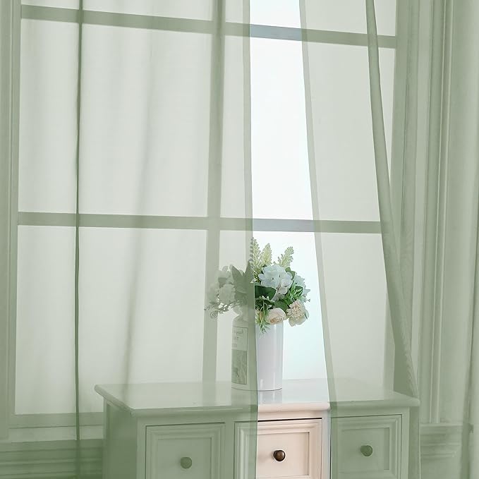 OVZME Light Green Sheer Curtains 63 inch Length 2 Panels Set for Bedroom Living Room, Elegant Light Filtering Sheer Drapes Window Treatments, Each is 42W x 63L Inches, Sage Green