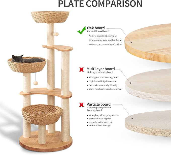 54" Modern Cat Tree Tower for Indoor Cats, Oak Cat Scratching Tree for Multiple Large Cats, Manual Hand Woven Luxury Cat Condo, Unique High-end Design Cat Furniture Activity Centre, Easy Clean-Mewly Pet