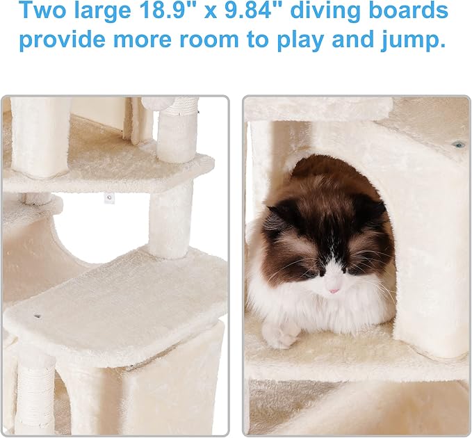 Hey-brother Cat Tree, 71 inches XL Large Cat Tower for Indoor Cats, Multi-Level Cat House with 3 Padded Perches, Big Scratcher, Cozy Basket, 2 Cat Condos and Scratching Posts, Beige MPJ034M-Mewly Pet