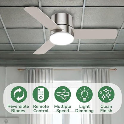 Hunter 44 inch Indoor Ceiling Fan with Light and Remote Control - For Bedroom or Living Room, Low Profile Mount, Modern Ceiling Fan with LED Light, Quiet, 3 Blades - Minimus 59454, Brushed Nickel