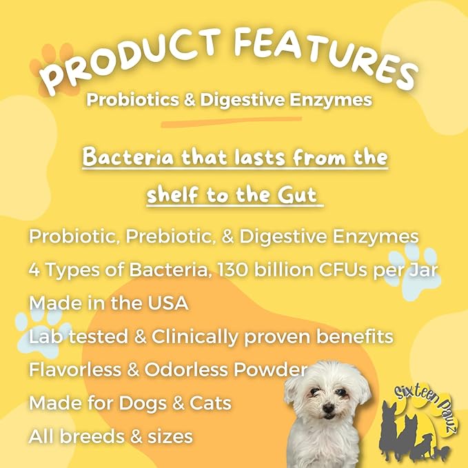 Dog & Cat Probiotics, Prebiotics, & Digestive Enzymes – Flavorless Powder for Gut Health, Allergies, Itchy Skin, Gas & Diarrhea – Organic, Vet-Approved – 65g Bottle (Up to 65 Servings)-Mewly Pet