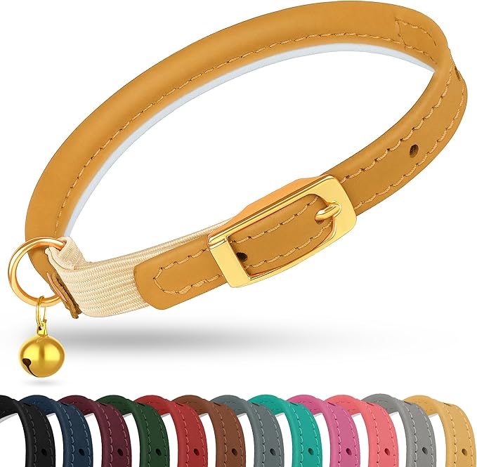 OOPSDOGGY Rolled Leather Cat Collar with Bell - Reflective Kitten Collar with Safety Elastic Strap - Adjustable Small Pet Collars for Boy Girl Cats (Camel)-Mewly Pet