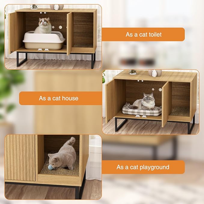 Cat Litter Box Enclosure, Fluted Hidden Litter Box Furniture with Scratch Pad and Metal Legs, Modern Enclosed Cat Cabinet, 31.5 x 17.7 x 21.7 Inches Indoor Pet House for Living Room, Washroom, Natural-Mewly Pet