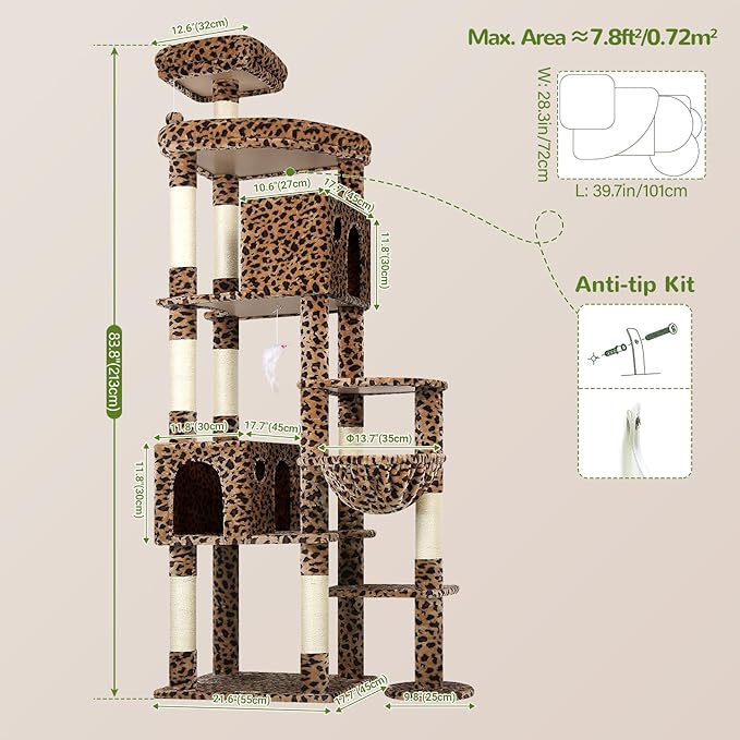 Globlazer Giant Cat Tree, 83 inch Cat Tree for Indoor Cats Large Adult, XXL Cat Tower with 9 Scratching Posts for 20lb+ Heavy Duty Large Adult Cats, F83, Leopard Print-Mewly Pet