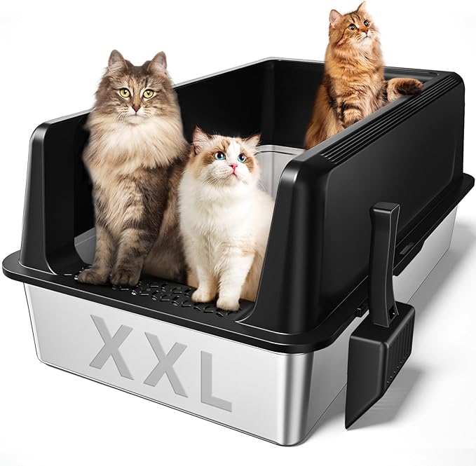 Zarler XXL Stainless Steel Litter Box for Cats, Extra Large Metal Cat Litter Box with Lid, High Sided Non-Stick Design, Leak Proof and Rust Resistant, 28 x 20 x 13 Inches, Black-Mewly Pet