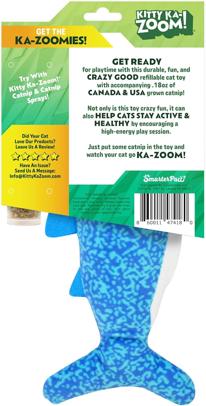 ZOOMIE Shark Kicker - Refillable Catnip Toy + Catnip | High Potency Hand Harvested Fresh | Soft Plush for Engaging Play-Mewly Pet