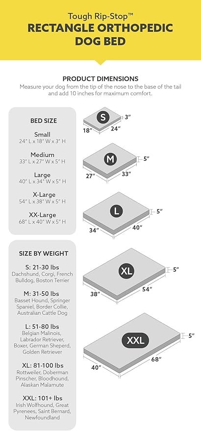 K9 Ballistics Tough Ripstop Orthopedic Rectangle Dog Bed Removable Washable Cover, Solid Orthopedic Foam for Size L Large Dogs 40"x34", Light Gray Velvet-Mewly Pet