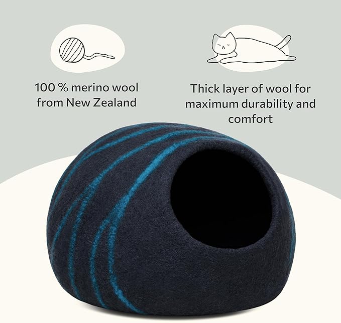 MEOWFIA Cat Cave – Premium Felt Cat Bed for Indoor Cats, Handmade 100% Merino Wool (Large, Black Aqua)-Mewly Pet