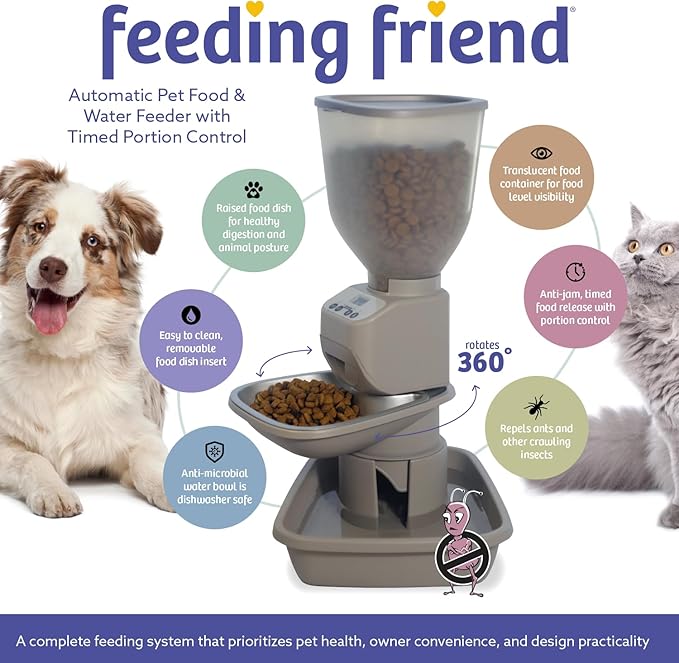 Automatic Dog & Cat Food Feeder with Water Dispenser – Smart Pet Feeder with Portion Control, OLED Display, Anti Jam Design, Battery Operated Dispenser for Medium/Large Pets - Taupe-Mewly Pet