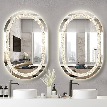 Crystal Oval Vanity Mirror with Lights 16 x 24 Inch Crystal Oval Lighted Mirror for Bathroom Wall Horizontal/Vertical Mount Makeup Table Diamond LED Ovals Mirrors Lights Smart 3 Color Antifog