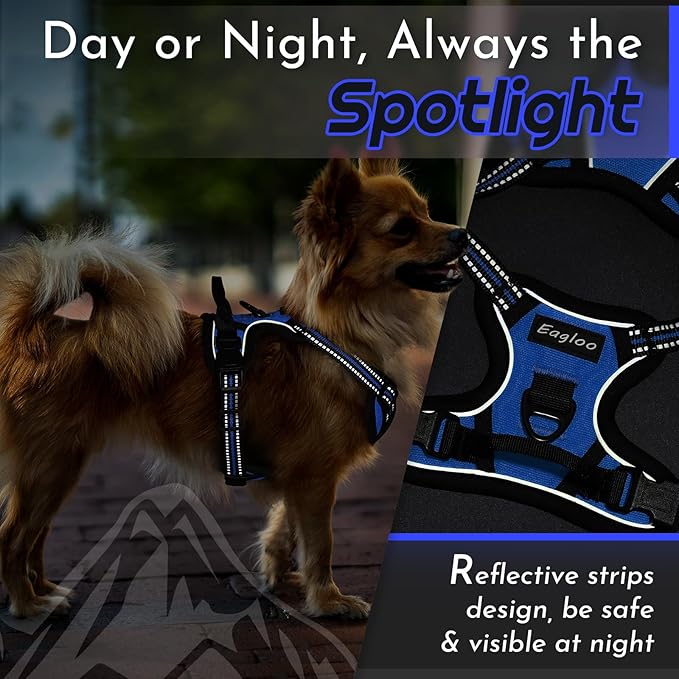 Eagloo Small Dog Harness No Pull, Service Vest with Reflective Strips and Control Handle, Adjustable and Comfortable for Easy Walking, No Choke Pet Harness with 2 Metal Rings, Blue, XS-Mewly Pet