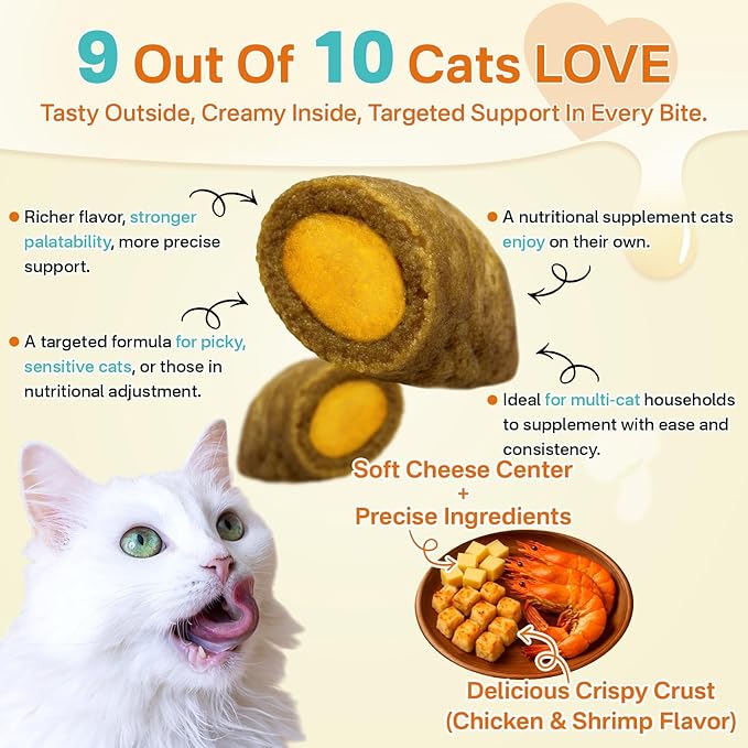 Cat Probiotics & FOS, Gut + Immune Support - 500 Chews Crunchy & Creamy Cheese Core, Probiotic for Digestive and Gut Health, Immunity, Constipation Relief for Cats Kittens - Chicken Shrimp-Mewly Pet