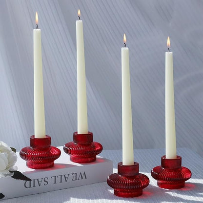 VOHO 12pcs Ribbed Taper Candle Holders for Table Centerpiece, Romantic Red Glass Candle Holder for Anniversary Wedding Decor, Double-Sided Red Tapered Candlestick Holders for Tealight & Taper Candles