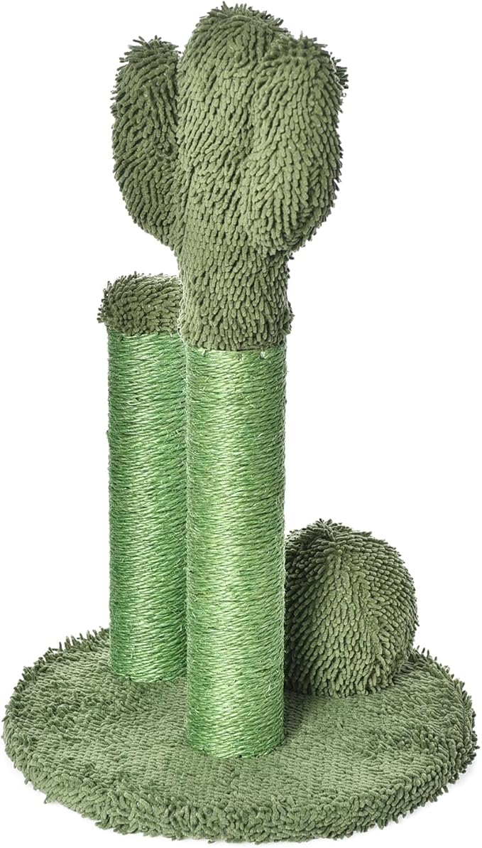 Amazon Basics Cat Scratcher - Indoor Cactus Triple Posts Cat & Kittens Scratching Post with Dangling Ball, Large (27"H) - Green-Mewly Pet
