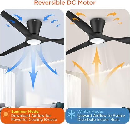 TALOYA Ceiling Fans with Lights,52 inch Modern Low Profile Ceiling Fan with Quiet Reversible DC Motor,Flush Mount,3CCT, Black Ceiling Fan for Bedroom Living Room Kitchen and Patio