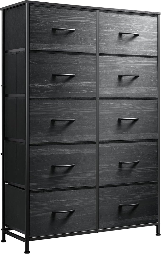 WLIVE Black Tall Dresser for Bedroom with 10 Drawers, Chest of Drawers, Dressers Bedroom Furniture, Storage Organizer Unit with Fabric Bins for Closet, Hallway, Living Room