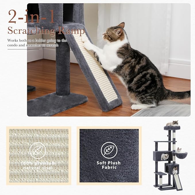 PAWZ Road Cat Tree, 60 Inches Cat Tower with Dual Condos, Spacious Perch, Cozy Basket and Sisal-Covered Scratching Posts for Indoor Cats- Dark Gray-Mewly Pet