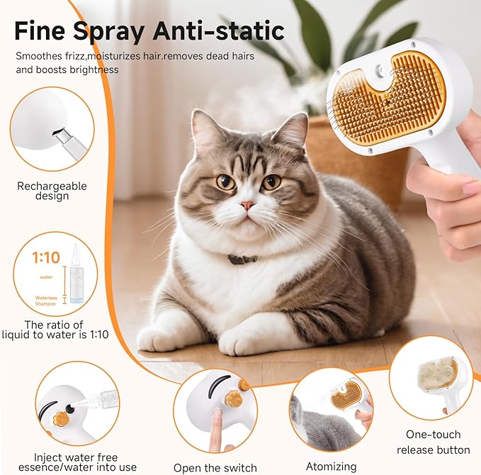 Pet Steam Brush for Dog & Cat – 3-in-1 Spray Hair Removal Comb – Steam Brush for Shedding & Grooming –Spritz Defur Comb–Includes Waterless Shampoo & Eye Wipes-Mewly Pet