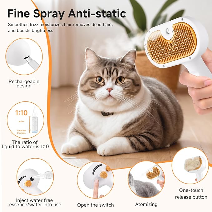 Pet Steam Brush for Dogs and Cats – 3-in-1 Pet Grooming Tool, Spray Portable Design, Suitable for Home and Travel, Ideal for Medium & Long-Haired Pets, Includes 1*Waterless Shampoo, Yellow-Mewly Pet