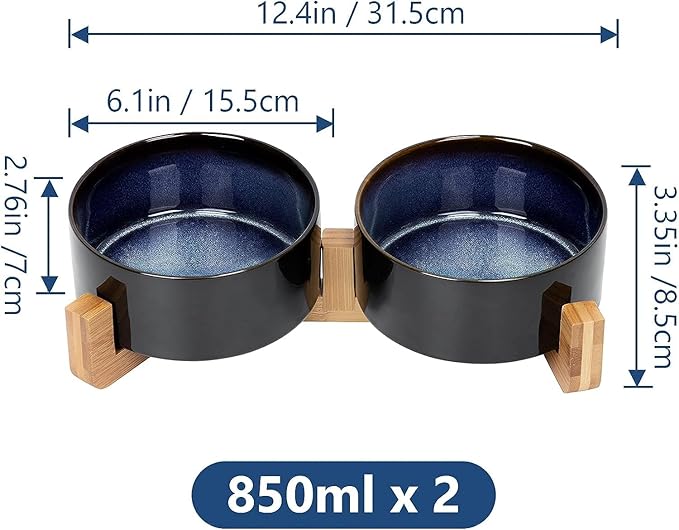 SPUNKYJUNKY Ceramic Dog and Cat Bowl Set with Wooden Stand, Modern Cute Weighted Food Water Set for Small Size Dogs (13.5OZ) & Medium Sized Dogs (28.7OZ) & Cats (3.6 Cups, 2 × Starry Blue)-Mewly Pet