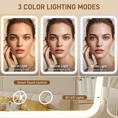 Vanity Mirror with Lights - Rechargeable Lighted Makeup Mirror | 1X/3X/5X Magnification, Smart Touch, 3 Colors Dimmable | Portable Trifold Mirror for Travel for Women and Girls