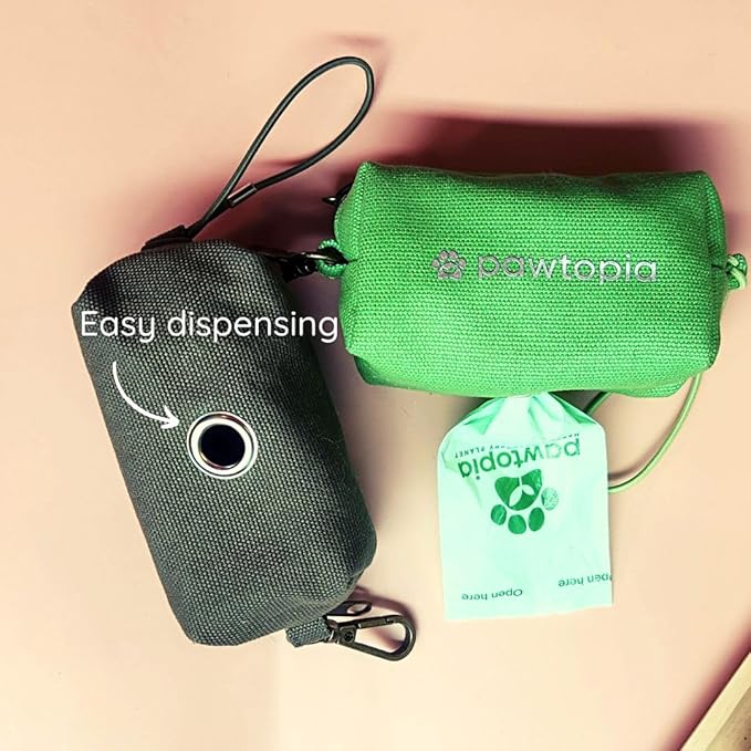 Pawtria Bundle Product of 120 Pet Waste Bags and 1 Canvas Dispenser (Pink), Vegetable Starches, Eco-friendly Dog Waste Bags, Leak proof, Easy to Open, Give Back, Fabric poop bag holder…-Mewly Pet
