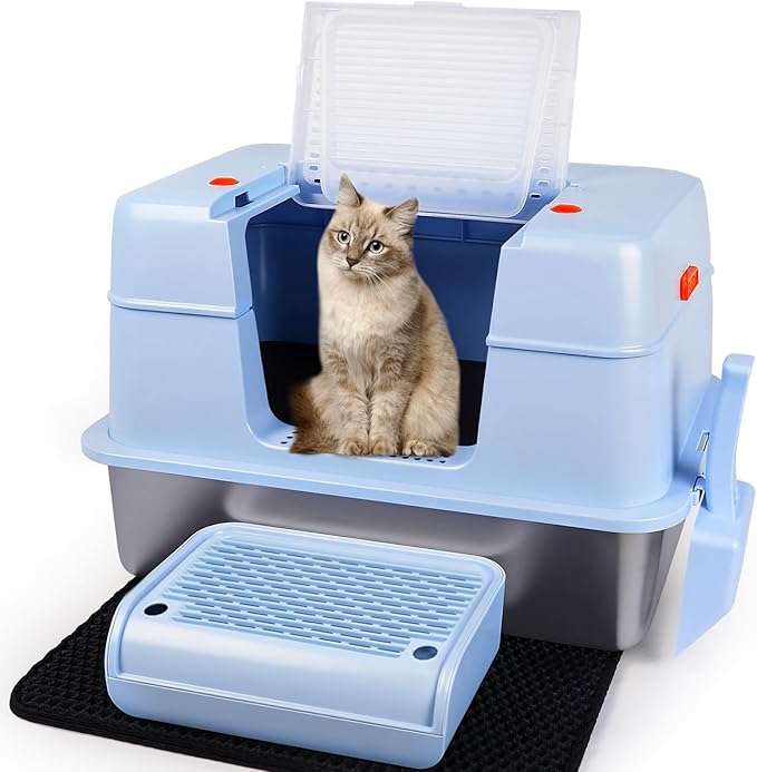 Vivifying Stainless Steel Litter Box with Lid, XL Side Entry Extra Large Litter Box for Big Cats & Kitty, Removable Enclosed Metal Cat Pan with High Sided Enclosure, Scoop, Mat, Footboard (Blue)-Mewly Pet