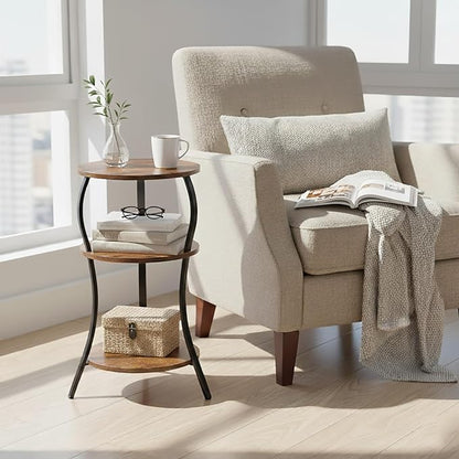 Vintage Small Round Side Table, 3-Tier Slim Waist Circular End Table with Storage Shelf, Compact Tea Sofa Table, Round Corner Coffee Table Nightstand for Living Room Bedroom Small Spaces,Rustic Brown
