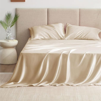 Love's cabin Full Size Satin Sheet Sets - 4 Piece Beige Silky Sheet Set with Deep Pocket, Luxury Silk Feel Satin Sheets Full Bedding Set (1 Flat Sheet,1 Fitted Sheet,2 Pillow Cases)
