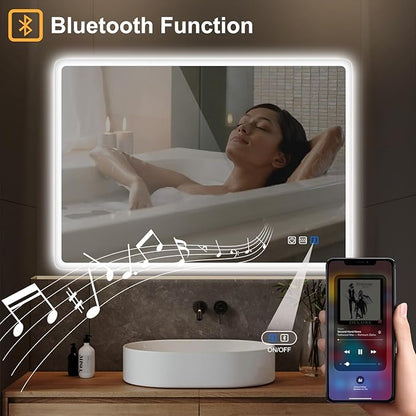 S'bagno 32"x24" LED-Lighted-Bathroom-Mirror, Wall-Mounted-Dimmable-Vanity-Mirror, Bluetooth Speaker Anti-Fog Waterproof Smart Touch Button 3 Colors Bathroom-Lighted-Mirror, Vertical/Horizontal
