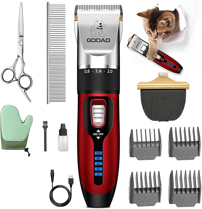 Cat Clippers for Matted Hair, Cat Grooming Kit, Cordless Cat Shaver for Long Hair, Low Noise Paw Trimmer, Cat Hair Trimmer for Grooming,Quiet Pet Hair Clippers Tools for Cats Dogs (Red)-Mewly Pet