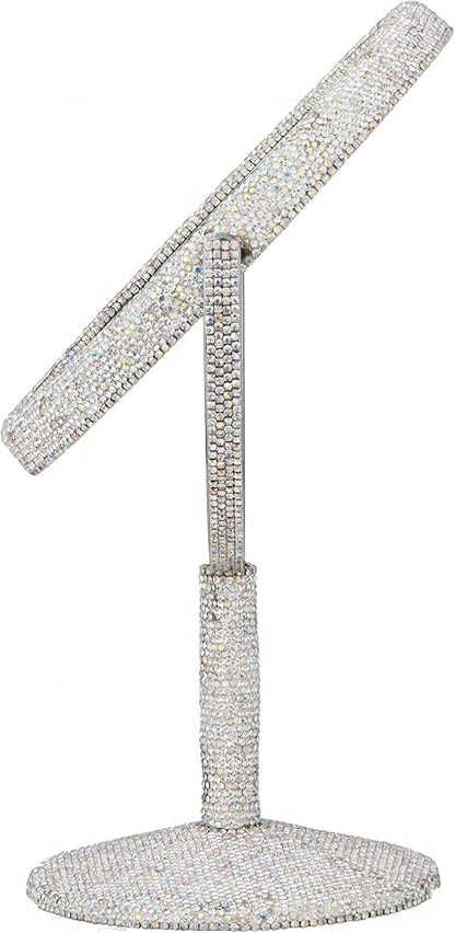 TISHAA Bling Makeup Vanity Mirror - Luxury Stand Double Sided Mirror Crystal Rhinestone Portable Desk Bathroom Bedroom (2X Magnification)