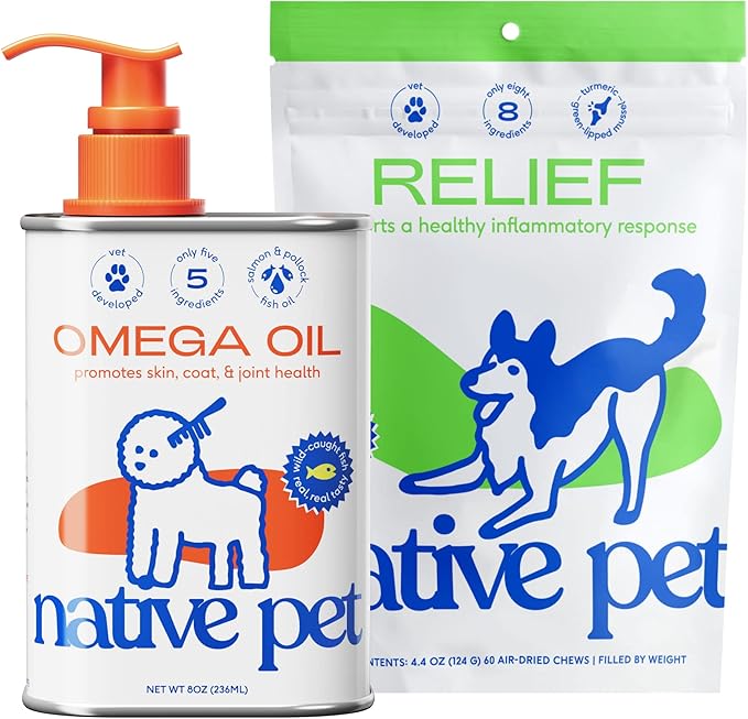 Native Pet Omega Oil for Dogs - Dog Fish Oil Supplements & Relief - Anti-Inflammatory Chews for Dogs | 60 Dog Chews | 8 oz. Omega Oil | Best Dog Arthritis Supplement & Dog Joint Pain Relief-Mewly Pet