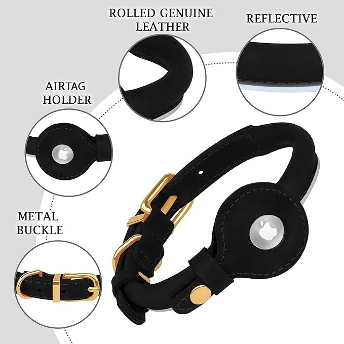 OOPSDOGGY Rolled Leather Dog Collar with Airtag Holder - Reflective Round Airtag Dog Collar - Soft Tracking Pet Collar for Small Dogs Puppy Cats Kitten (Black, M, 12"-15")-Mewly Pet
