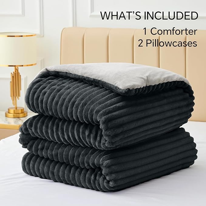 BEDELITE Fleece Full Comforter Set -Super Soft & Warm Fluffy Black Bedding, Luxury Fuzzy Heavy Bed Set for Winter with 2 Pillow Cases