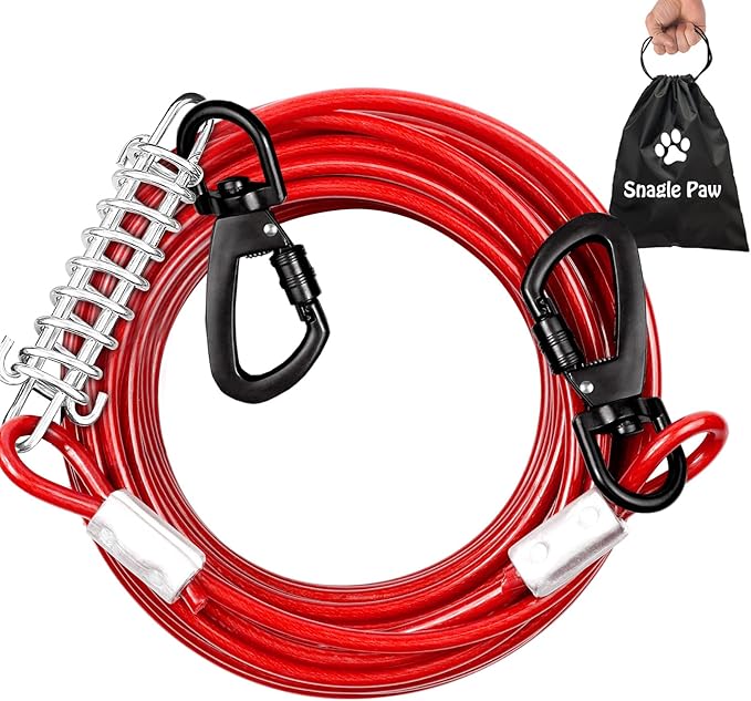 Red Chew Proof 30FT Dog Tie Out Cable, Heavy Duty Dog Lead for Yard & Camping-Mewly Pet