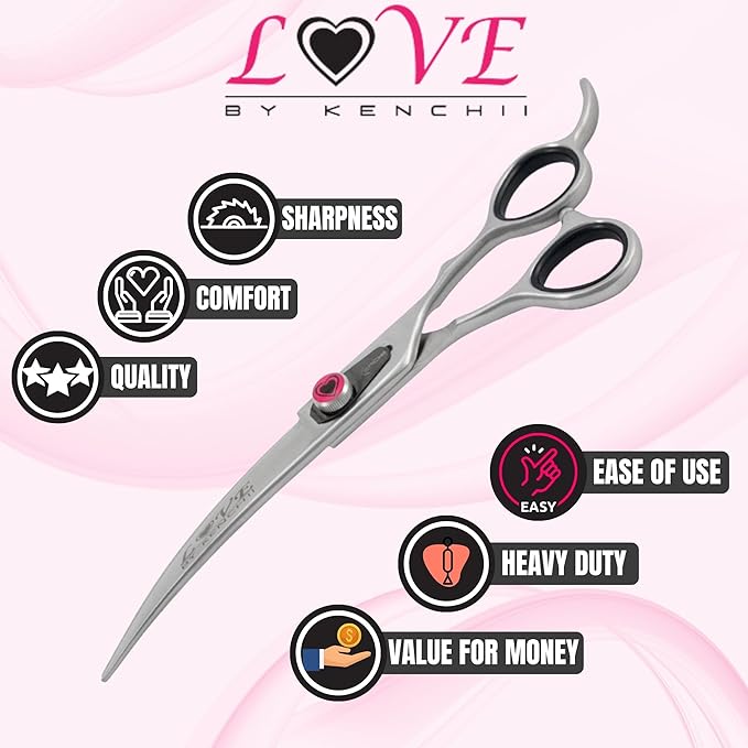 Kenchii Love Dog Grooming Scissors, 7 Inch Straight Shears, Dog Scissors for Grooming, Professional Pet Grooming Scissors, Ergonomic & Comfortable-Mewly Pet