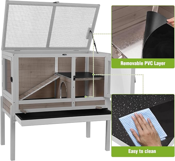 GUTINNEEN Rabbit Hutch Guinea Pig Cages Indoor with Stand Wooden Small Animals Cage Hutch Hamster Cage with Hideout,Pull Out Tray, Anti Chew Ramp(Brown)-Mewly Pet