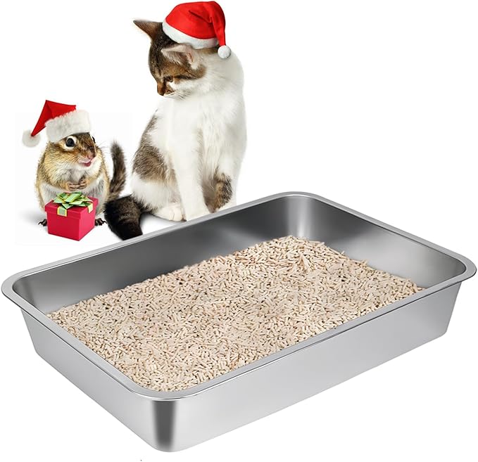 LIHONG Stainless Steel Cat Litter Box,Small Metal Litter Box for Small Cats Hamster Rabbits,No Smell,Non Stick,Easy to Clean(18" Lx14 Wx4 H,M)-Mewly Pet