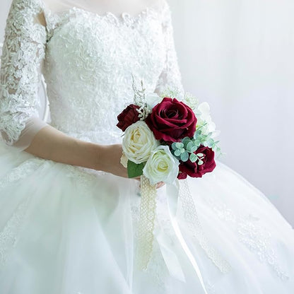 Wedding Bouquets for Bride Bridesmaid, Artificial Burgundy Champagne Bride Flower Bouquet for Wedding Church Decoration Ceremony, Anniversary, etc, Roses Flowers
