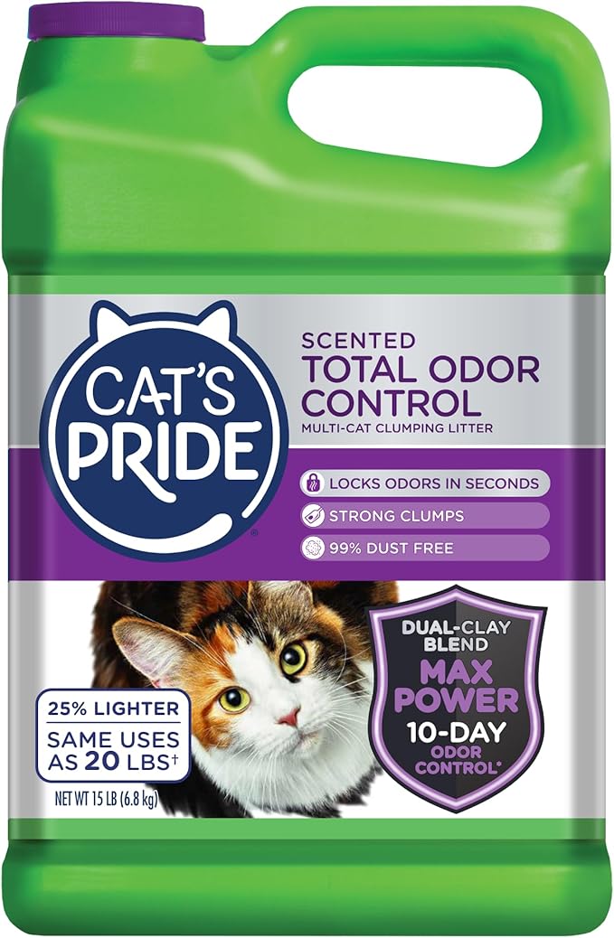 Cat's Pride Max Power: Total Odor Control - Up to 10 Days of Powerful Odor Control - Strong Clumping - 99% Dust Free - Multi-Cat Litter, Scented, 15 Pounds-Mewly Pet