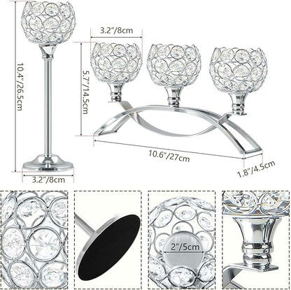 Crystal Tealight Candle Holder Centerpiece Home Decorative Candlestick Holder Elegant Table Centerpiece Home Decor Wedding Party Anniversary (Silver, Set of 3)