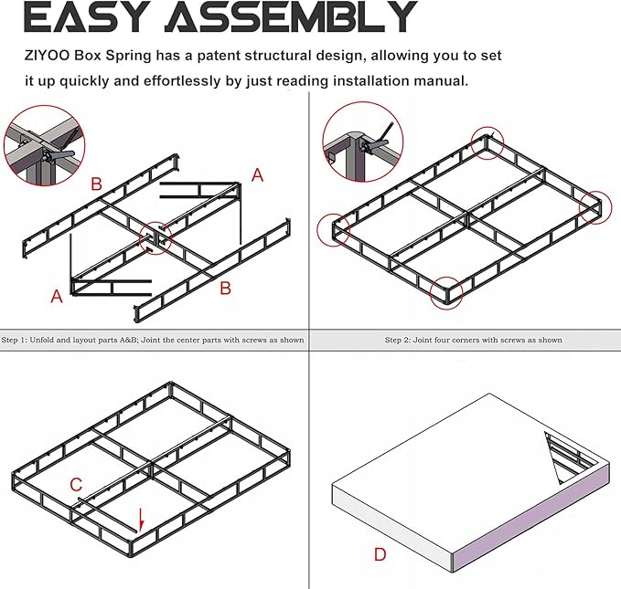 ZIYOO Box Spring Queen and Cover Set, 9 Inch High Profile Easy Assembly Mattress Foundation with Easy Clean Bed Skirt/Heavy Duty Metal Steel Structure/Quiet Noise-Free