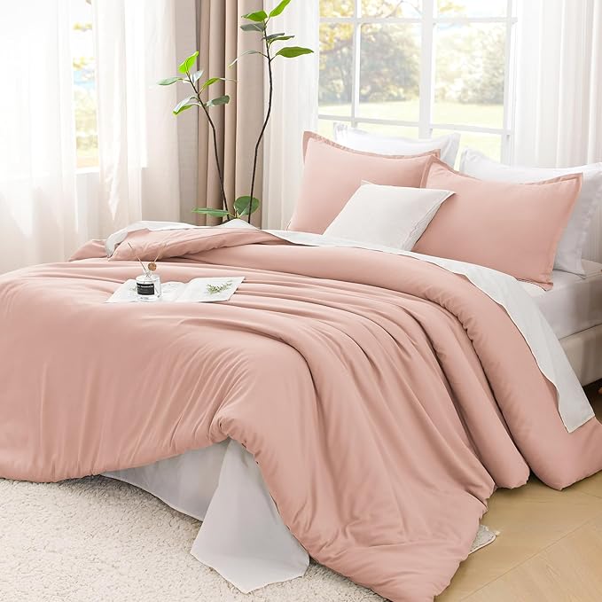 Litanika Pink Queen Size Comforter Set, 3 Pieces Blush Plain Bedding Comforter Set, All Season Bed Set (90x90In Comforter & 2 Pillowcases)