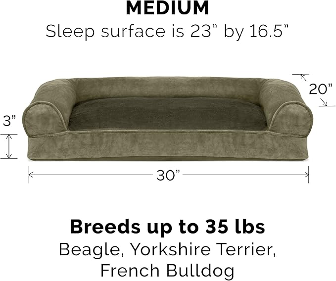 Furhaven Pillow Dog Bed for Medium/Small Dogs w/ Removable Bolsters & Washable Cover - Faux Fur & Velvet Sofa - Dark Sage, Medium-Mewly Pet